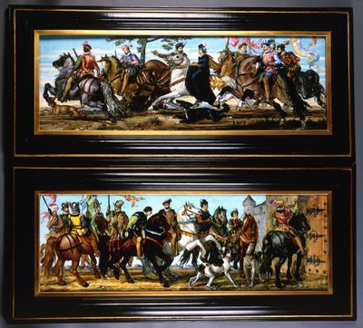 Avcıların av köpekleriyle ortaçağ sahnelerini betimleyen bir çift çanak çömlek duvar levhası by Joseph Theodore Deck