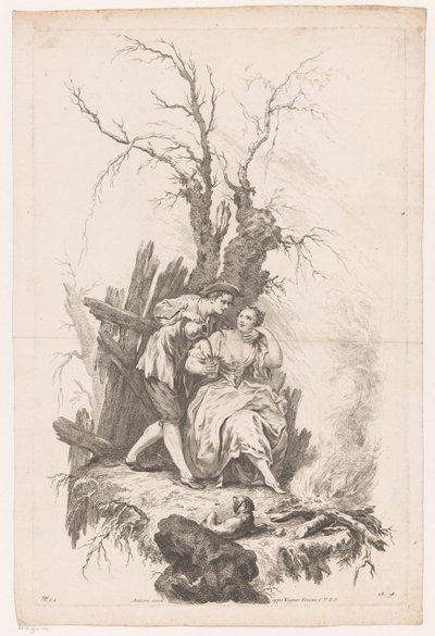 Ateşin yanında köpek olan kadın ve erkek Kış mevsimi Four Seasons (dizi adı) by Joseph Wagner (possibly)