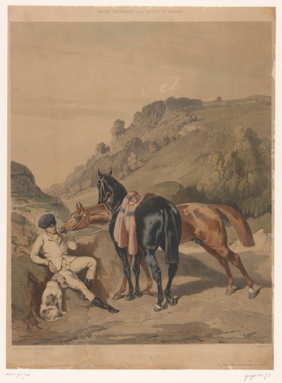 Bir manzara içinde dinlenme binici ile iki at Alfred de Dreux