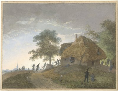 Bir handa veya tepedeki sazdan evde savaş by Josephus Augustus Knip