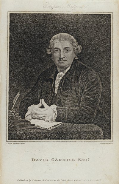 David Garrick, İngiliz aktör, oyun yazarı ve tiyatro yöneticisi (gravür) by Joshua (after) Reynolds