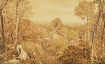 Kulübeler ve taşra kadınları ile ormanlık manzara, Hurley, Berks, 1818 (kağıt üzerinde grafit üzerinde wc) by Joshua Cristall