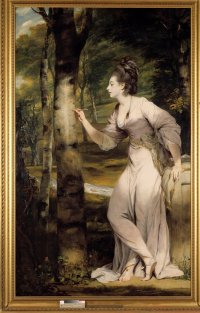 Büyük zarafete sahip bir kadın, romantik bir atmosferde bir ağaç gövdesine isim verir. Joshua Reynolds