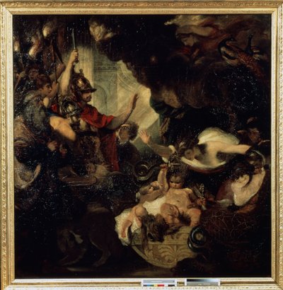 Bebek Herkül Yılanları Boğuyor Temsil edilen karakterler arasında: kahin Tiresias (solda) ve tavus kuşlu tanrıça Juno (Hera) (sağ üstte). Sir Joshua Reynolds (1732-1792) tarafından yapılan boyama by Joshua Reynolds