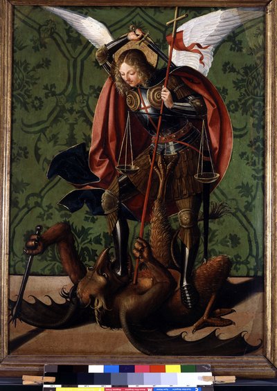 Bir sunağın arka yüzü: Saint Michel iblisi yenerken. Josse Lieferinxe