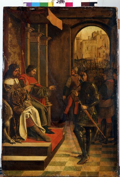 ""İmparator Diocletian ve Maximian'dan önce Saint Sebastien"" (İmparatorlar Diokletian ve Maximian'dan önce Saint Sebastien). Roma imparatorları Diocletian (Gaius Aurelius Valerius Diocletianus, 245-316) ve Maximian Hercules (Ma by Josse (fl.1493 1508) Lieferinxe