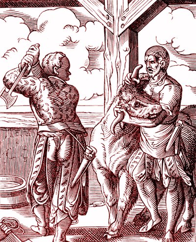 Bir kasap - Orta Çağ'da yemek ve yemek pişirme. Jost Amman'ın (1539-1591) gravürü. Gravür 1878 by Jost (after) Amman