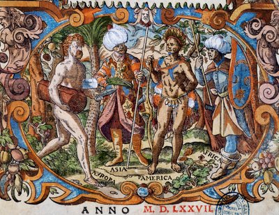 Dört kıta, başlık sayfasından detay, Jost Amman (1539-1591) tarafından yapılan gravür by Jost Amman