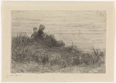 Anne ve çocukları ile kumul manzara by Jozef Israëls (signed by artist)