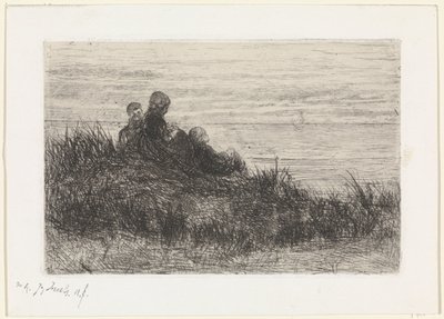 Anne ve çocukları ile kumul manzara by Jozef Israëls (signed by artist)
