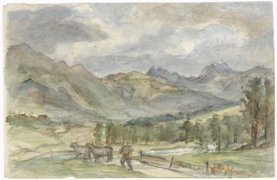 Çoban ve iki inek ile dağ manzarası by Jozef Israëls