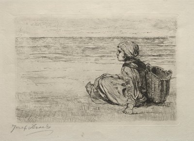 Sahilde oturan sepetli kız by Jozef Israëls