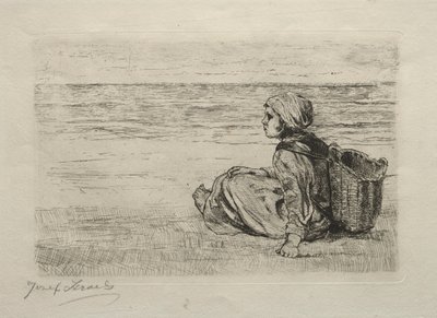 Sahilde oturan sepetli kız. by Jozef Israëls