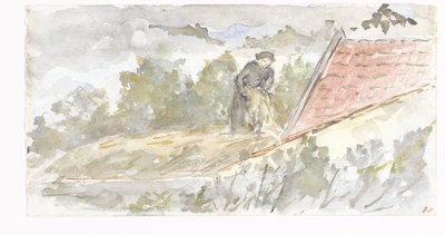 Kadın ve bir evin çatısı ile manzara by Jozef Israëls