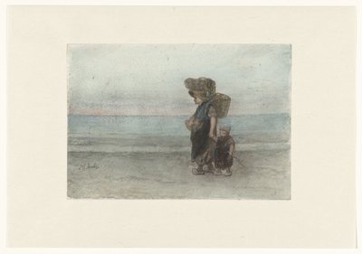 Sahilde yürüyen çocuklu kadın by Jozef Israëls