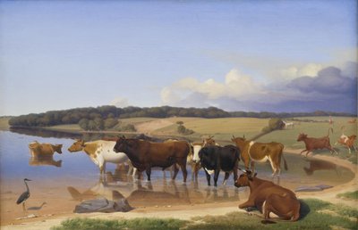 Sıcak bir yaz gününde bir sığır sürüsü gölde serinlik aradı by Jørgen V. Sonne