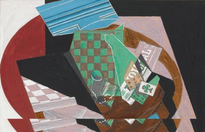 Dama Tahtası ve Oyun Kartları, 1915 (krem renkli dokuma kağıt üzerine guaj, grafit ve reçine, kartona monte edilmiş) by Juan Gris