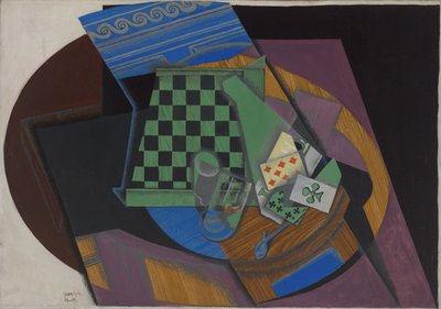 Dama tahtası ve oyun kartları, 1915 by Juan Gris