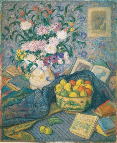 Muz, Limon ve Kitaplı Vazo by Juan de Echevarría