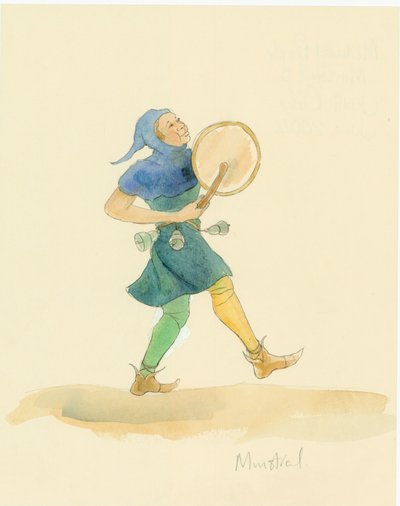Bir perküsyon enstrümanı, muhtemelen bir tabor çalan bir ortaçağ ozanı, 2004. by Judith Dobie