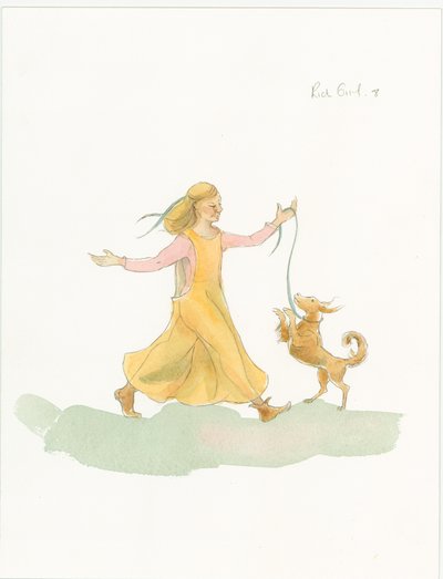 Bir köpekle oynayan bir ortaçağ kadını, 2004. by Judith Dobie