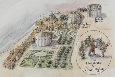 Hope Theatre, Rose Theatre ve Globe Theatre, Southwark, Londra, c1647 2016. by Judith Dobie