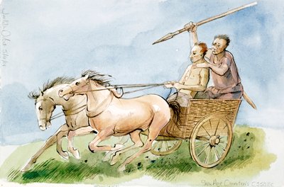 Demir Çağı savaş arabacıları c.350, 2001 (kağıt üzerine kalem ve suluboya) by Judith Dobie