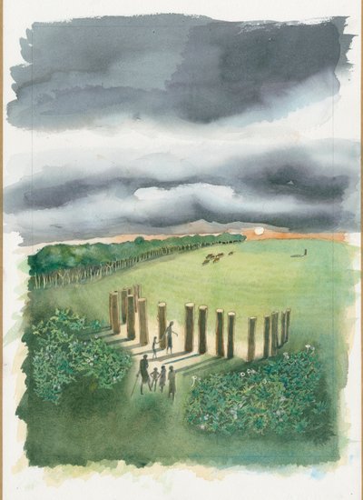 Raunds neolitik rekonstrüksiyonu (kağıt üzerine suluboya) by Judith Dobie