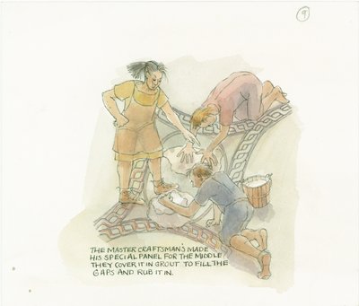 Usta zanaatkar tarafından yapılmış ve denetlenmiş bir zemin panelini derzleyen iki işçi, 2003. by Judith Dobie