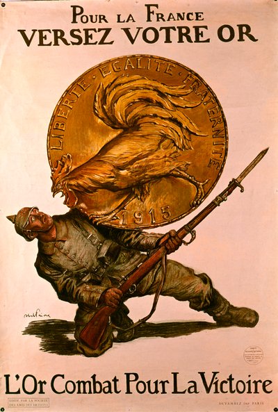 Fransız Birinci Dünya Savaşı afişi, insanları savaş çabası için bankalara para yatırmaya teşvik ediyor, 1915 by Jules Abel Faivre