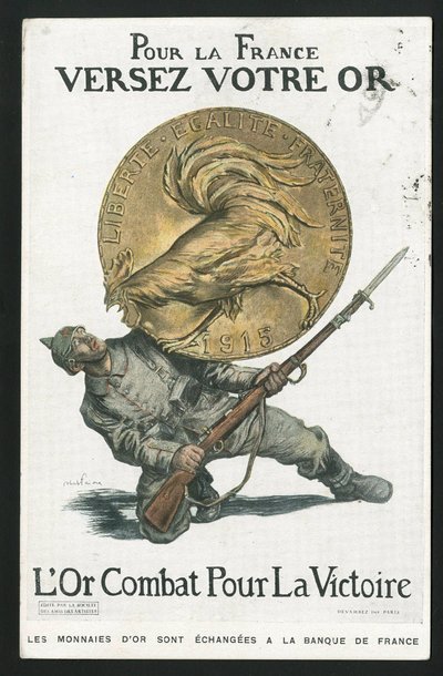 Kartpostal, Satirique en Colours, yaklaşık 1915: Fransa için, Altınını dökün - 14-18 Savaşı, Almanya Prusya, Gümüş, Savaşçılar ve semboller, Zafer, Ödünç Alma, Vatansever Yolculuklar - Horoz - Çizim Abel Faivre (1867-1945) by Jules Abel Faivre