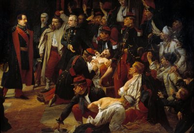 İmparator Napolyon III, Mayıs 1859'da Voghere ambulanslarına Montebello savaşında Fransız, Piemonteli ve Avusturyalı yaraları ziyaret ediyor. Detay. Jules Rigo (1810-1892) 1859 Paris, Val de Grace Müzesi by Jules Alfred Vincent Rigo