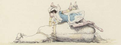 Sirk sanatçısı, ata binmiş, kolunda ve kafasında güvercinlerle (renkli taş) by Jules Arsene (after) Garnier