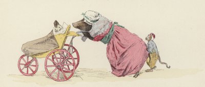 Arkasında bir maymun varken bir köpeği çocuk arabasına iten domuz (renkli lito) by Jules Arsene (after) Garnier