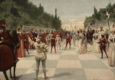 Kraliçe tarafından piyonların insan olduğu bir satranç oyunu şeklinde düzenlenen balo. Entelechie Krallığı. Pantagruel. Jules Garnier tarafından çizilmiştir. "Rabelais et l