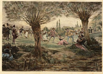 Mardi Gras partisi sırasında dansçılar ve müzisyenler. Gargantua. Jules Garnier tarafından çizilmiştir. "Rabelais et l