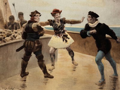 Panurge (sağda) ile Taillbourglu bir tüccar olan Dindenaut (Dindenault) arasında kılıcını inkar eden tartışma. Pantagruel. Jules Garnier tarafından çizilmiştir. "Rabelais et l