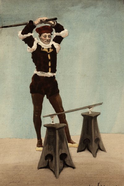 Eusthenes, Panurge tarafından yerleştirilen iki bardağa asılı sopaya vuruyor. Pantagruel. Jules Garnier tarafından illüstrasyon. "Rabelais et l