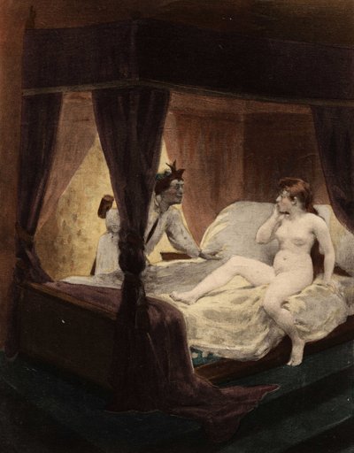 Büyük Thibeault arkasında bir tokmak saklıyor. Karısı yatakta yatıyor. Pantagruel. Jules Garnier tarafından çizilmiştir. "Rabelais et l