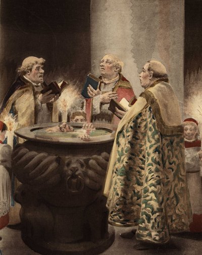 Bir şapelde üç rahip, içine bir adamın daldırıldığı bir ayazmayı çevreliyor. Pantagruel. Jules Garnier tarafından çizilmiştir. "Rabelais et l