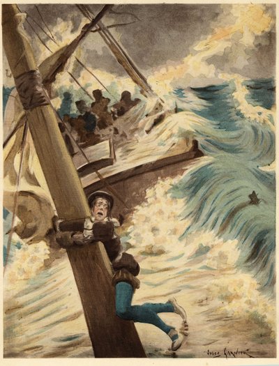 Panurge bir deniz fırtınası sırasında bir teknenin hasırına asılır. Pantagruel. Jules Garnier tarafından çizilmiştir. "Rabelais et l