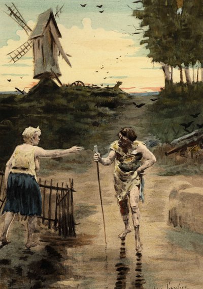 Lerne kralı Picrochole, kaçıyor ve yaralı, yaşlı bir ağır sıklete hitap ediyor. Gargantua. Jules Garnier tarafından çizilmiştir. "Rabelais et l