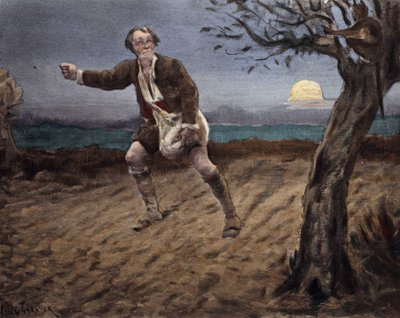 Şeytan, bir ağaca tünemiş, köpek eken bir köylüyle konuşuyor. Pantagruel. Jules Garnier tarafından çizilmiştir. "Rabelais et l