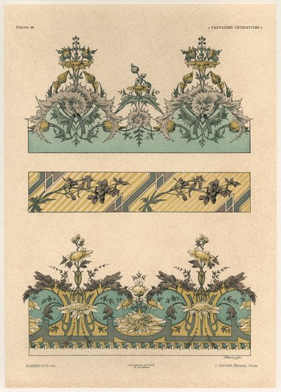 Çiçek desenleri, 'Fantaisies decores'dan plaka 44, Gillot tarafından oyulmuş, Jules Rouam tarafından yayınlanmıştır, Librairie de l'Art, Paris, 1887 (renkli gravür) by Jules Auguste Habert Dys