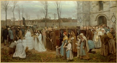 Bir Breton kilisesinin önünde bir calvary alayının dikilmesi. Jules Breton (1827-1906) 1858 Güneş tarafından yapılan tablo. 1,35x2,5 m Lille, Musee des Beaux Arts - Bir Calvary Kurmak. Bir Breton kilisesinin önünde alayı. Jules Breton (1827-1906,) 1858 tar by Jules Breton