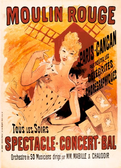 Moulin Rouge ve dansçılar Cancans için reklam by Jules Cheret