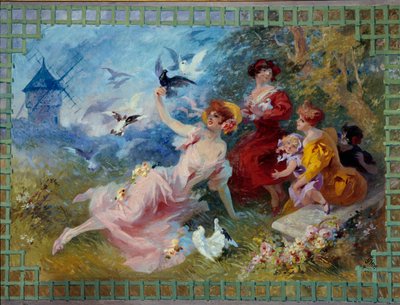Genç kadınları ve kuşları temsil eden alegori havası. Goblen için karton Jules Cheret (1836-1932) 20. yüzyıl Nice, Musee Cheret by Jules Cheret