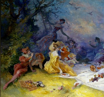Çimlerin üzerinde kahvaltı Kır pikniği sahnesi. Detay. Jules Cheret