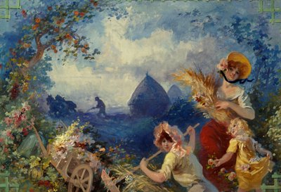 Hasat arka planına karşı buğday çizmeleri tutan genç kadınları temsil eden La Terre Allegorie. Goblen için karton Jules Cheret (1836-1932) 20. yüzyıl Nice, Musee Cheret by Jules Cheret