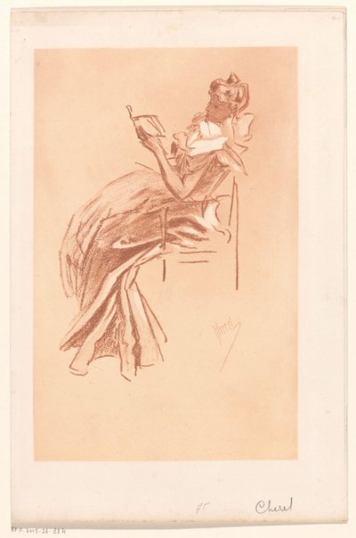 Genç kadın bir sandalyede okuyor by Jules Cheret